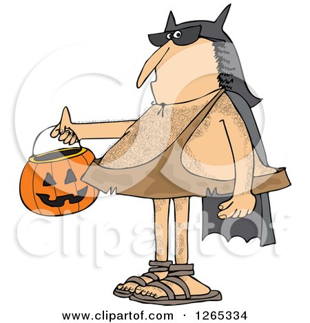 Clipart of a Hairy Caveman Trick or Treating in a Bat Man Halloween Costume - Royalty Free Vector Illustration by djart
