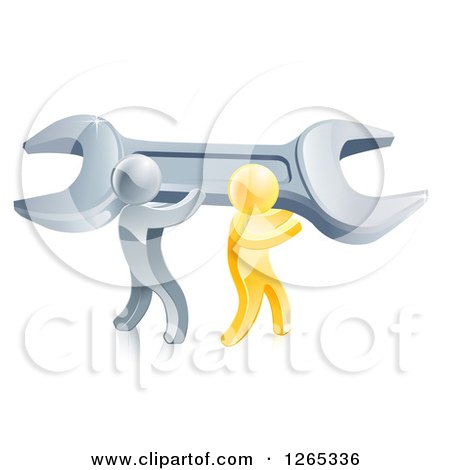 Clipart of 3d Silver and Gold Men Carrying a Giant Adjustable Wrench - Royalty Free Vector Illustration by AtStockIllustration