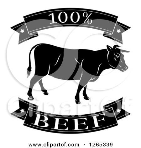 Clipart of Black and White 100 Percent Beef Food Banners and Cow - Royalty Free Vector Illustration by AtStockIllustration