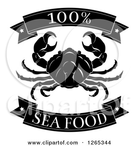 Clipart of Black and White 100 Percent Seafood Food Banners and Crab - Royalty Free Vector Illustration by AtStockIllustration