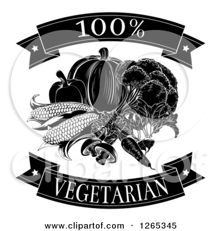 Clipart of Black and White 100 Percent Vegetarian Food Banners and Vegetables - Royalty Free Vector Illustration by AtStockIllustration