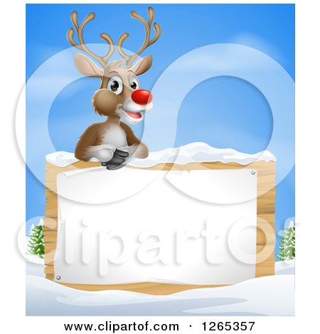Clipart of a Happy Red Nosed Rudolph Reindeer over a Winter Sign - Royalty Free Vector Illustration by AtStockIllustration