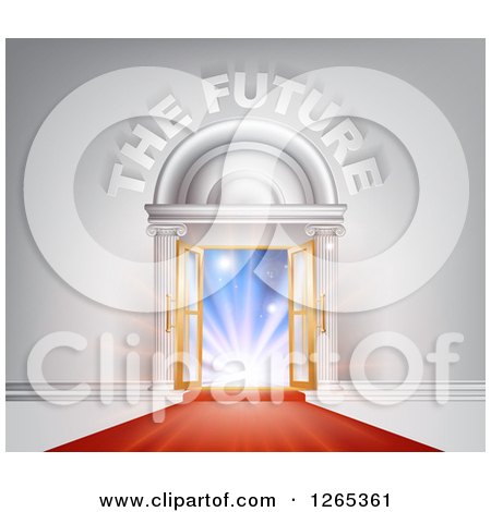 Clipart of 3d the Future Text over Open Doors and Red Carpet - Royalty Free Vector Illustration by AtStockIllustration