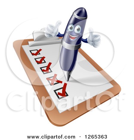 Clipart of a 3d Happy Pen Holding Two Thumbs up and Completing a Check List - Royalty Free Vector Illustration by AtStockIllustration