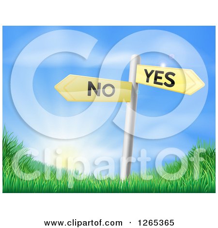 Clipart of Yes and No Street Signs over Grass at Sunrise - Royalty Free Vector Illustration by AtStockIllustration