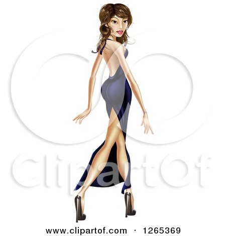 Clipart of a Brunette Latina Female Celebrity Looking over Her Shoulder and Walking in a Dress - Royalty Free Vector Illustration by AtStockIllustration