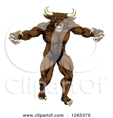 Clipart of a Snarling Brown Bull Man Monster Mascot Attacking - Royalty Free Vector Illustration by AtStockIllustration