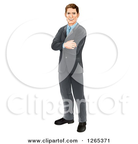 Clipart of a Happy Brunette Caucasian Professional Businessman Standing with Folded Arms - Royalty Free Vector Illustration by AtStockIllustration