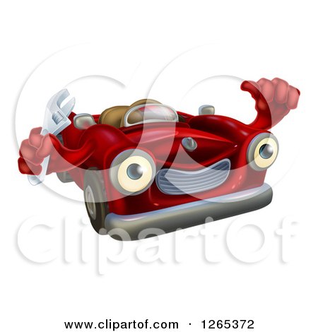 Clipart of a Happy Red Convertible Car Character Mechanic Holding a Wrench and Thumb up - Royalty Free Vector Illustration by AtStockIllustration