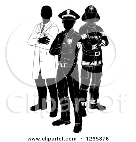 Clipart of a Black and White Faceless Doctor Policeman and Firefighter Posing - Royalty Free Vector Illustration by AtStockIllustration