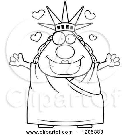 Clipart of a Black and White Chubby Statue of Liberty with Open Arms and Hearts - Royalty Free Vector Illustration by Cory Thoman