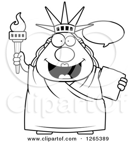 Clipart of a Black and White Chubby Statue of Liberty Talking - Royalty Free Vector Illustration by Cory Thoman