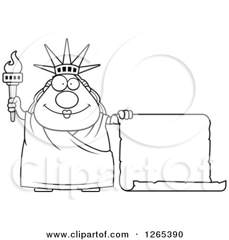 Clipart of a Black and White Chubby Statue of Liberty with a Scroll Sign - Royalty Free Vector Illustration by Cory Thoman