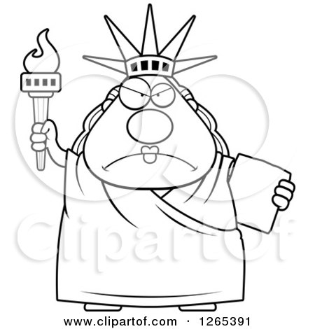 Clipart of a Black and White Chubby Mad Statue of Liberty - Royalty Free Vector Illustration by Cory Thoman