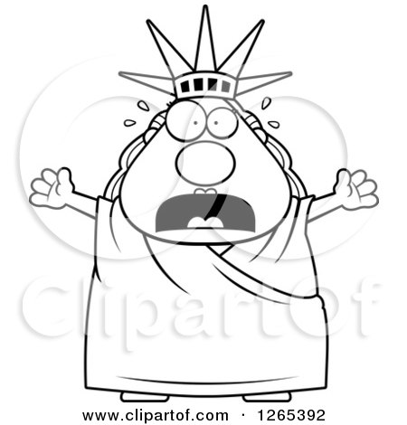 Clipart of a Black and White Scared Screaming Chubby Statue of Liberty - Royalty Free Vector Illustration by Cory Thoman