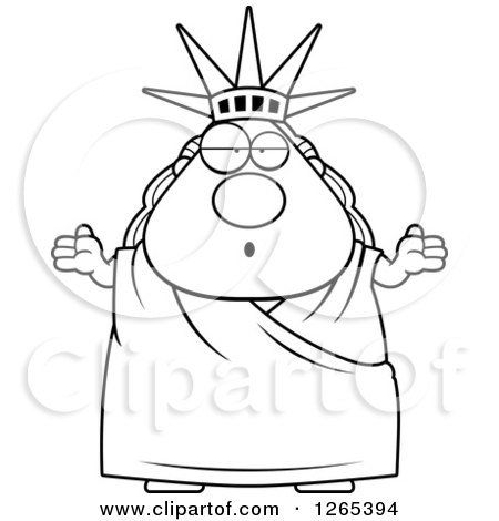 Clipart of a Black and White Careless Shrugging Chubby Statue of Liberty - Royalty Free Vector Illustration by Cory Thoman