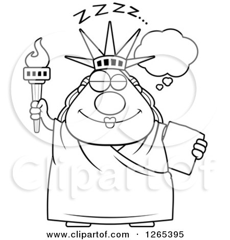 Clipart of a Black and White Chubby Dozing Statue of Liberty - Royalty Free Vector Illustration by Cory Thoman