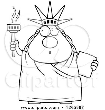 Clipart of a Black and White Surprised Gasping Chubby Statue of Liberty With an Extinguished Torch - Royalty Free Vector Illustration by Cory Thoman