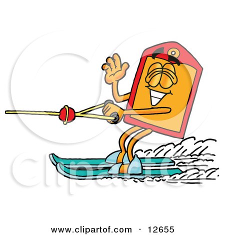 Clipart Picture of a Price Tag Mascot Cartoon Character Waving While Water Skiing by Mascot Junction