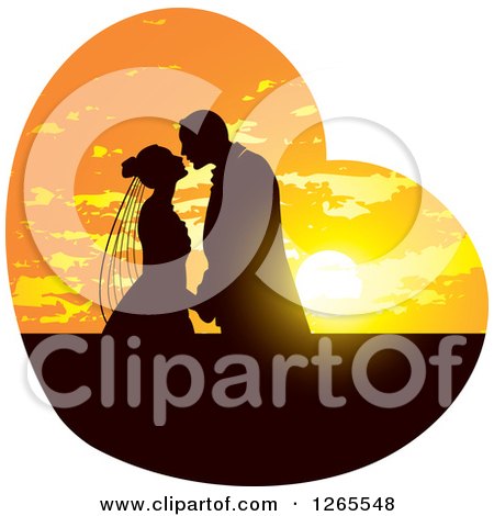 Clipart of a Silhouetted Wedding Couple Kissing in a Sunset Heart - Royalty Free Vector Illustration by Lal Perera