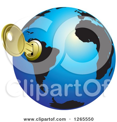 Clipart of a Blue and Black Globe with a Key Inserted into South America - Royalty Free Vector Illustration by Lal Perera