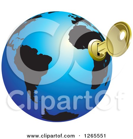 Clipart of a Blue and Black Globe with a Key Inserted into Africa - Royalty Free Vector Illustration by Lal Perera
