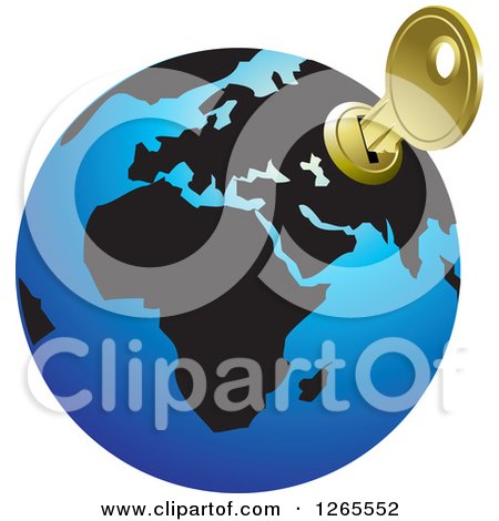 Clipart of a Blue and Black Globe with a Key Inserted into Russia - Royalty Free Vector Illustration by Lal Perera