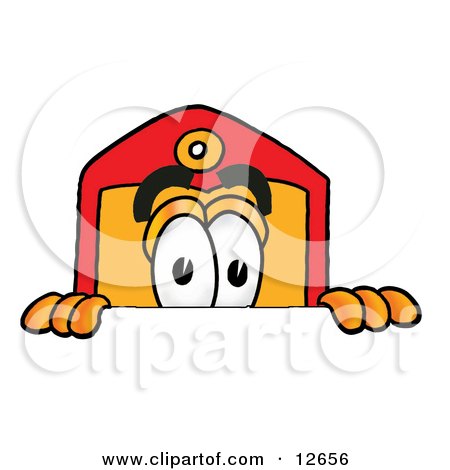 Clipart Picture of a Price Tag Mascot Cartoon Character Peeking Over a Surface by Mascot Junction