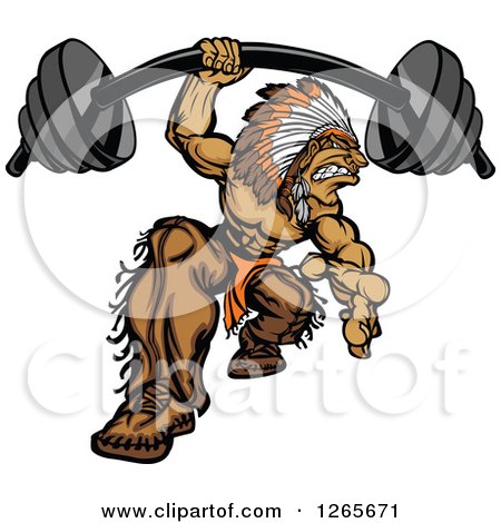 Clipart of a Muscular Strong Native American Indian Man Lifrting a Heavy Barbell One Handed - Royalty Free Vector Illustration by Chromaco