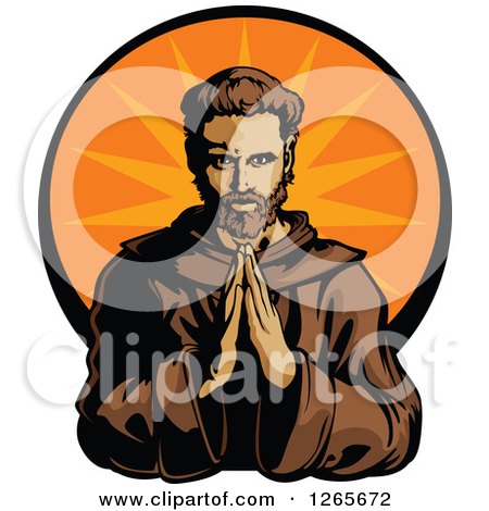 Clipart of a Male Monk Praying over an Orange Burst - Royalty Free Vector Illustration by Chromaco