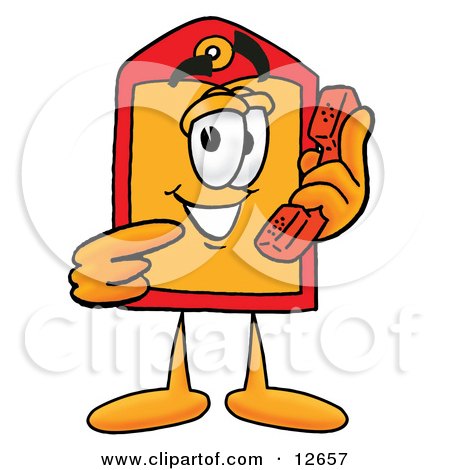 Clipart Picture of a Price Tag Mascot Cartoon Character Holding a Telephone by Mascot Junction