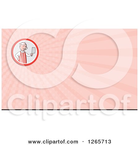 Clipart of a Butcher Pig Holding a Cleaver and Pink Ray Business Card Design - Royalty Free Illustration by patrimonio