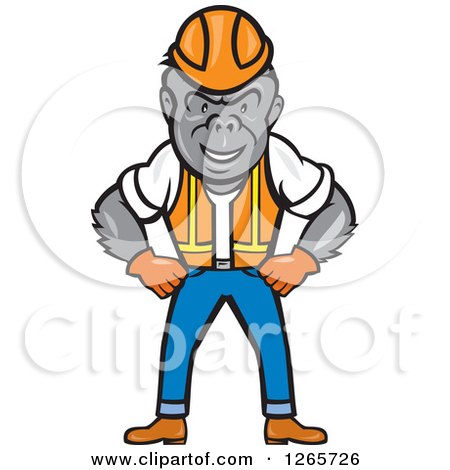 Clipart of a Cartoon Gorilla Construction Worker Standing with His Hands on His Hips - Royalty Free Vector Illustration by patrimonio