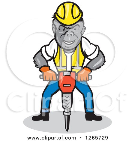 Clipart of a Cartoon Gorilla Construction Worker Operating a Jackhammer - Royalty Free Vector Illustration by patrimonio
