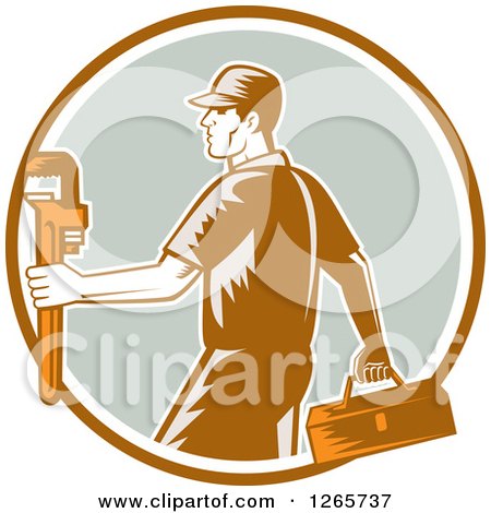 Clipart of a Retro Woodcut Male Plumber Carrying a Monkey Wrench and Tool Box in a Brown White and Green Circle - Royalty Free Vector Illustration by patrimonio