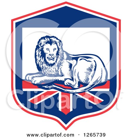Clipart of a Retro Male Lion Resting on a British Flag in a Shield - Royalty Free Vector Illustration by patrimonio