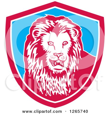 Clipart of a Retro Lion in a Pink White and Blue Shield - Royalty Free Vector Illustration by patrimonio