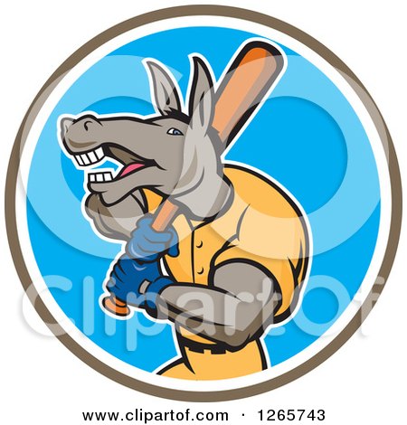 Clipart of a Batting Baseball Donkey in a Brown White and Blue Circle - Royalty Free Vector Illustration by patrimonio