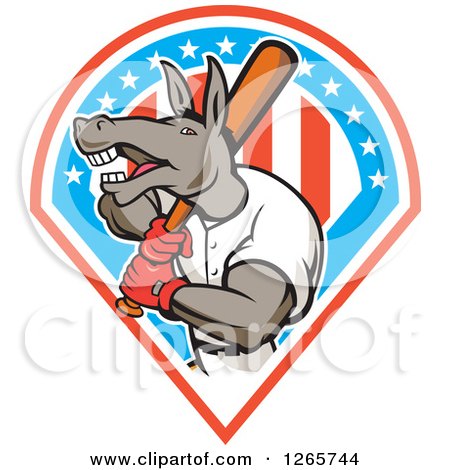 Clipart of a Batting Baseball Donkey in an American Shield - Royalty Free Vector Illustration by patrimonio