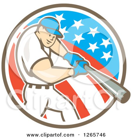 Clipart of a Retro Cartoon White Male Baseball Player Batting in an American Circle - Royalty Free Vector Illustration by patrimonio