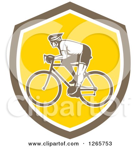 Clipart of a Retro Male Cyclist in a Brown White and Yellow Shield - Royalty Free Vector Illustration by patrimonio