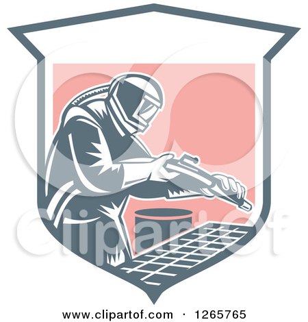 Clipart of a Retro Woodcut Sandblaster Working in a Shield - Royalty Free Vector Illustration by patrimonio