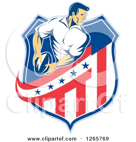 Clipart of a Retro Male Rugby Player in an American Flag Shield - Royalty Free Vector Illustration by patrimonio