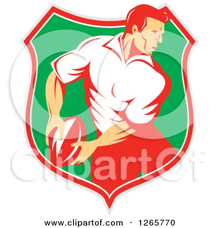 Clipart of a Retro Male Rugby Player in a Gray Red White and Green Shield - Royalty Free Vector Illustration by patrimonio