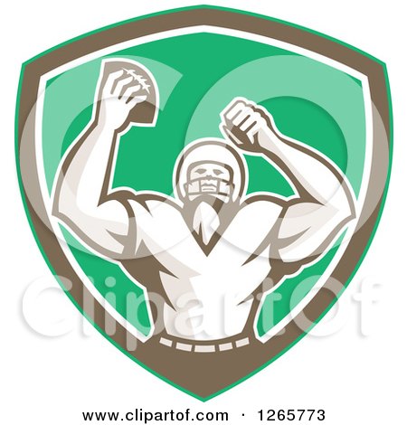 Clipart of a Retro Cheering American Football Player in a Green Brown and White Shield - Royalty Free Vector Illustration by patrimonio