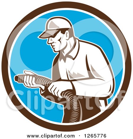 Clipart of a Retro Male Home Insulation Worker Holding a Hose in a Brown White and Blue Circle - Royalty Free Vector Illustration by patrimonio