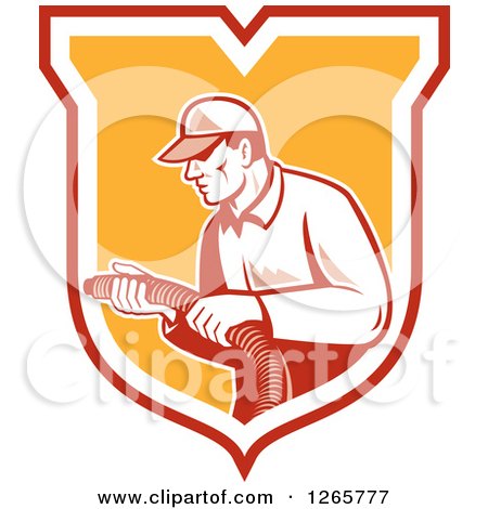 Clipart of a Retro Male Home Insulation Worker Holding a Hose in a Shield - Royalty Free Vector Illustration by patrimonio