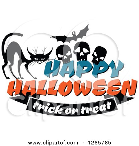 Clipart of a Happy Halloween Trick or Treat Cat Bat and Skulls Design - Royalty Free Vector Illustration by Vector Tradition SM