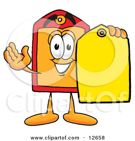 Clipart Picture of a Price Tag Mascot Cartoon Character Holding a Yellow Sales Price Tag by Mascot Junction