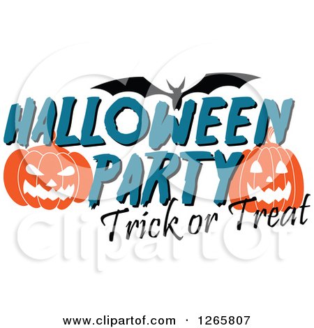 Clipart of a Flying Bat with Jackolanterns and Halloween Party Trick or Treat Text - Royalty Free Vector Illustration by Vector Tradition SM